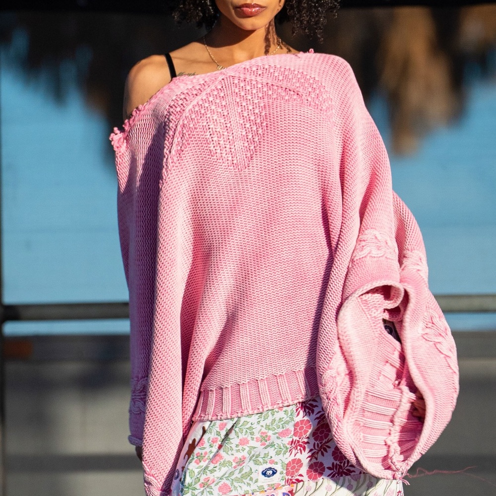 Pink Crochet Oversized Poncho Sweater Upcycled - Picture 3 of 5